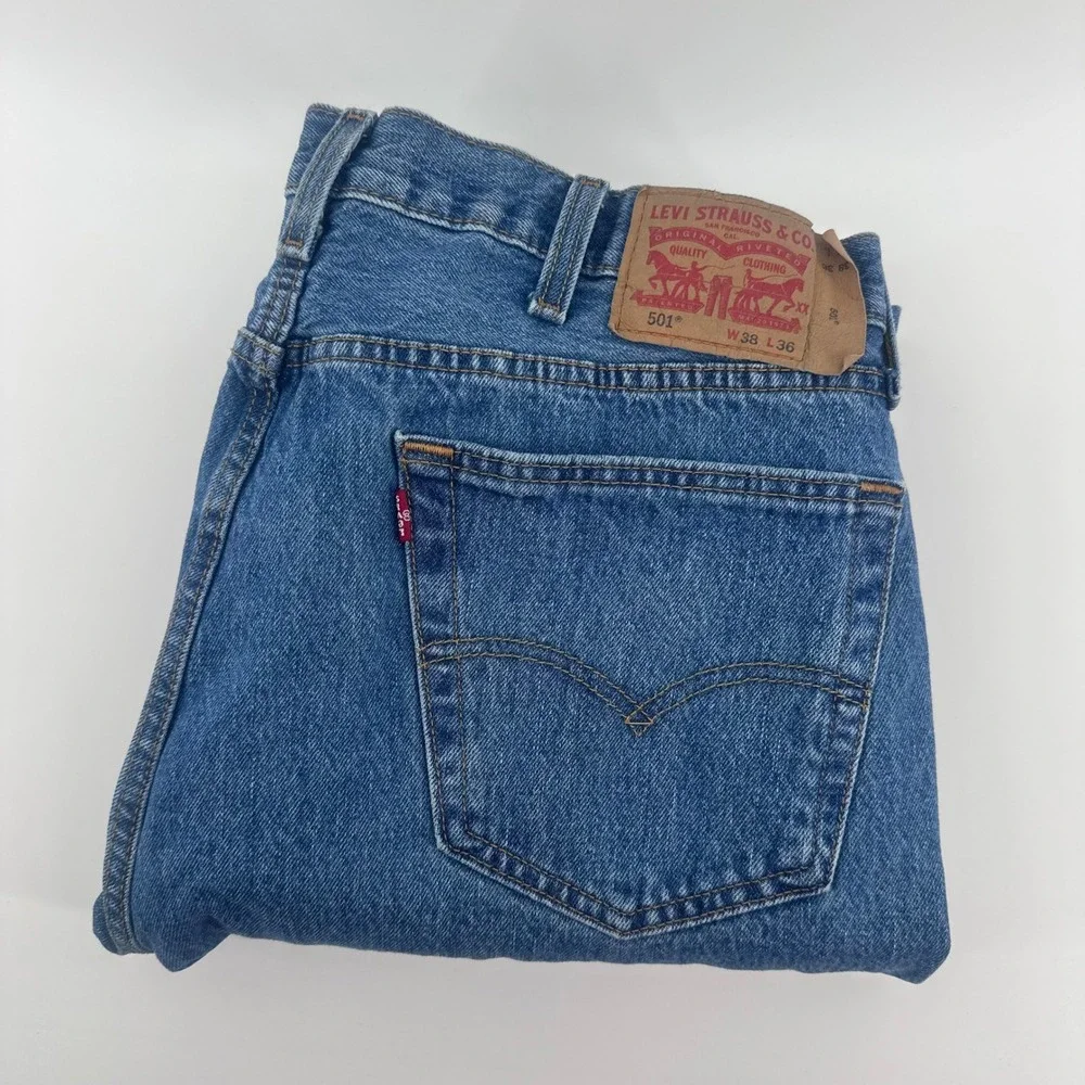 Levi's 501 Original Jeans Mens 38x36 (Fits 36x34) Blue Button Fly Straight Denim